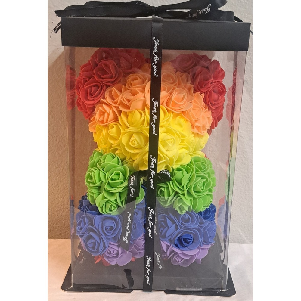 Rainbow Rose Teddy Bear Artificial Flower Bear Gift in Display Box